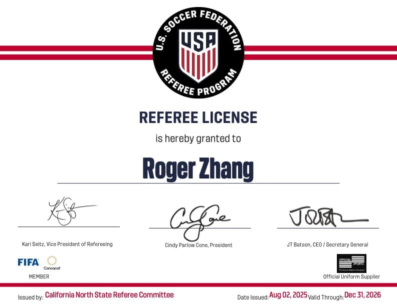 US Soccer Federation Referee License - Roger Zhang